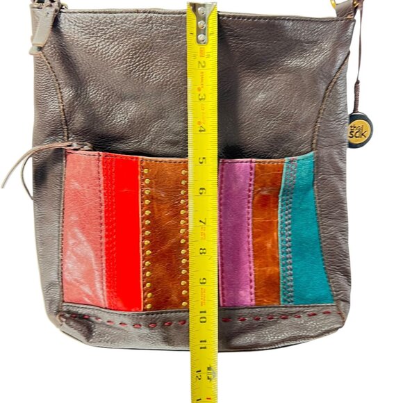 The Sak Striped Patchwork Leather Crossbody Bag Adjustable Strap Red Pink Teal - Picture 14 of 16